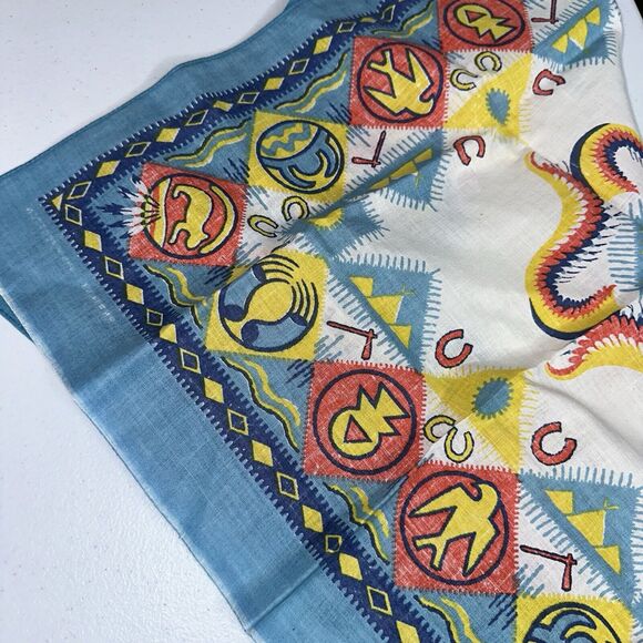 Vintage Native Bandana Southwestern Aztec Teal Square Handkerchief - Picture 4 of 4